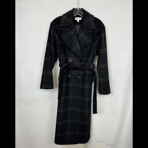 Nordstrom Double-Breasted Wool Blend Wrap Coat Black Plaid Size M
